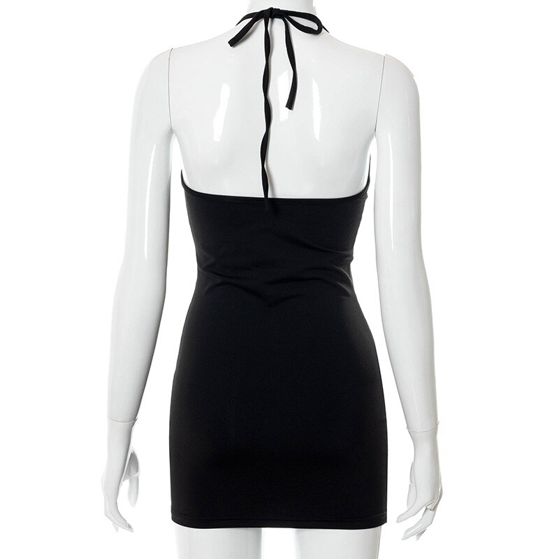 Halter Sexy Lace Up Mini Dress Party Club Outfit Cut Out Metal Ring Ties Bodycon Dresses Summer Chic Harajuku Clothes