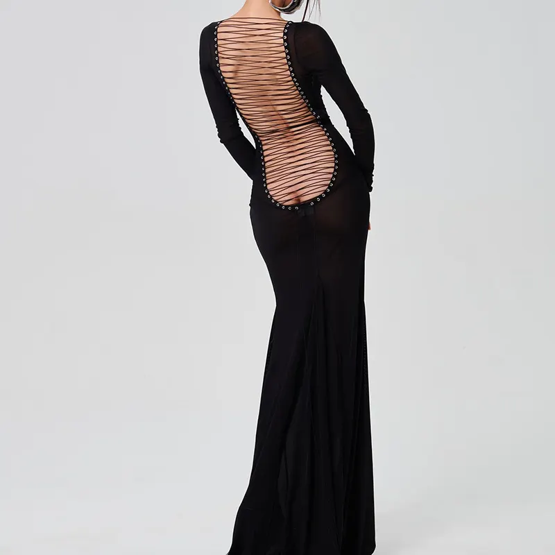 Maxct avant garde dress to impress Fashionable New Autumn Women's Clothing Sexy Mesh Backless Lace-up Long Sleeve Super Long Dress Women