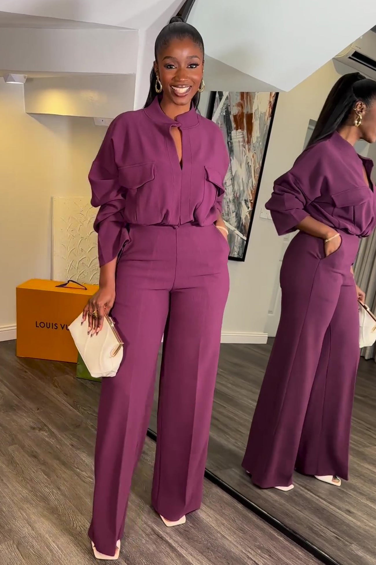 Maxct-V Neck Blouse Wide Leg Long Pants Suits