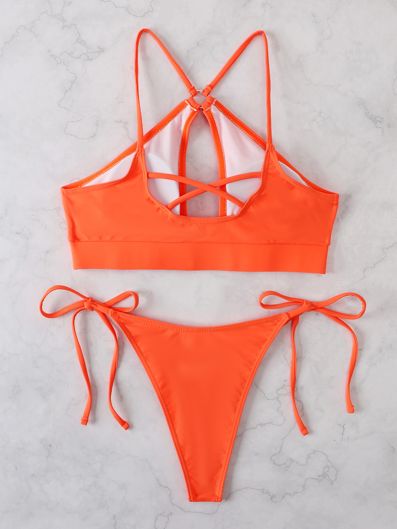 Cut Out Triangle Split Swimsuit Shoelace Bikini with Chest Pad Women's Swimsuit Pure Color Sexy Bikini