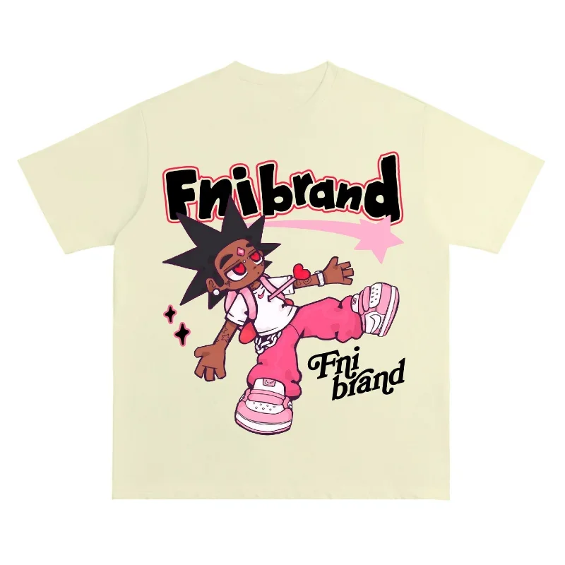 Maxct American Hip-Hop Cartoon Boy Printed Oversized Short-Sleeved T-shirt Y2K Loose Summer Heavy Half-sleeved Street Women Clothing