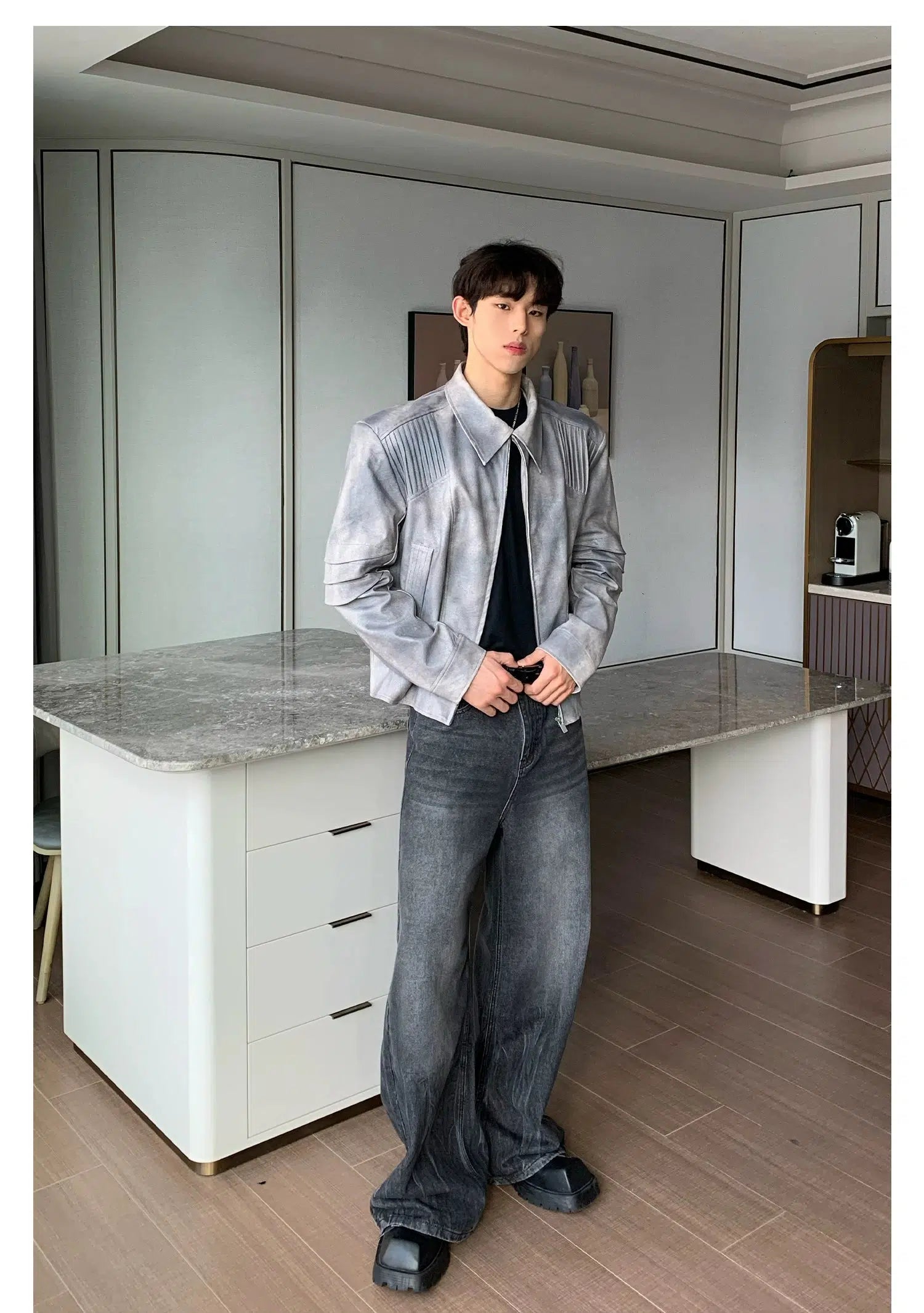 Maxct Short PU Leather Jacket with Shoulder Pads