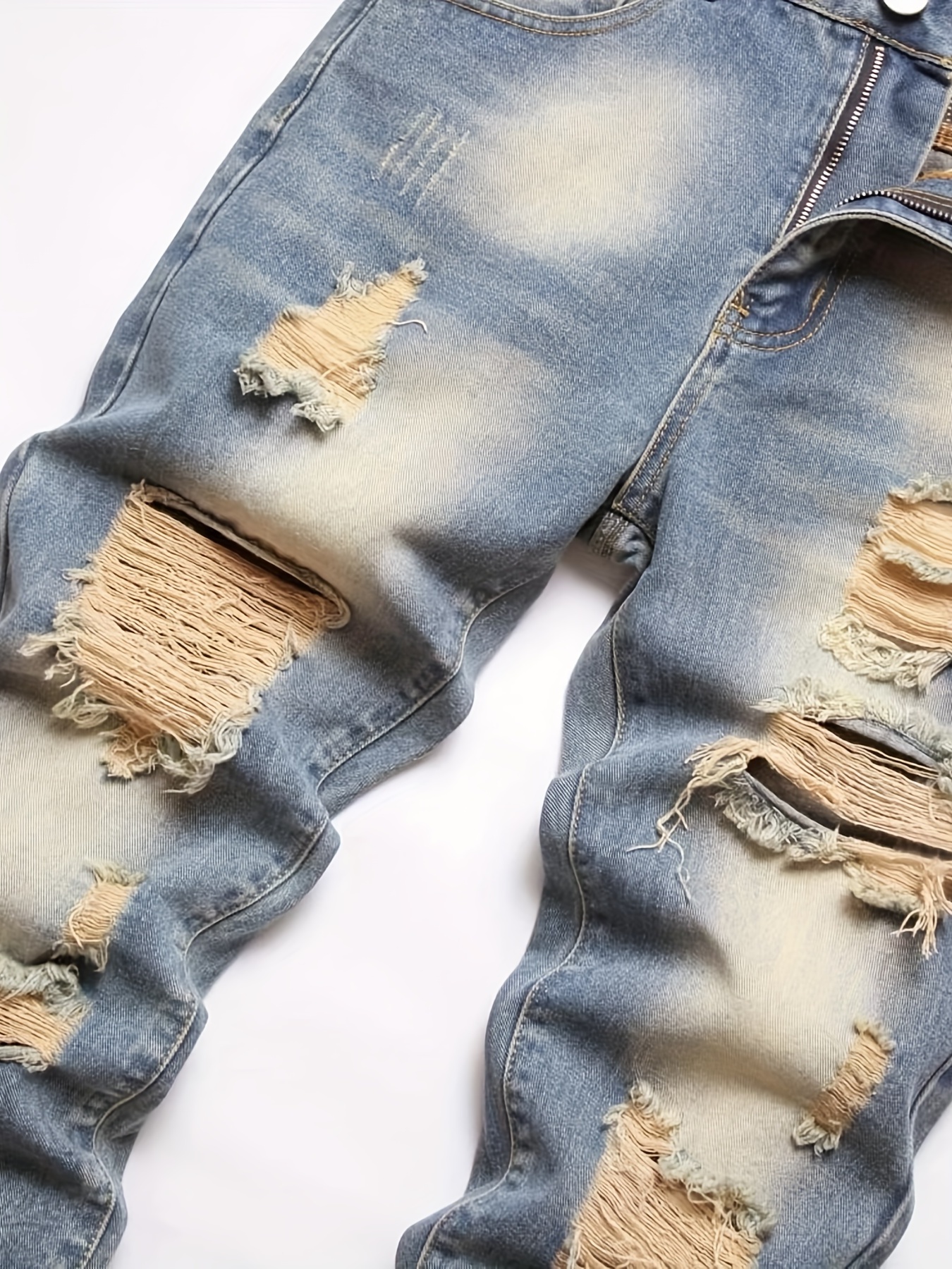 Regular Fit Ripped Jeans, Men's Casual Street Style Distressed Denim Pants For All Seasons