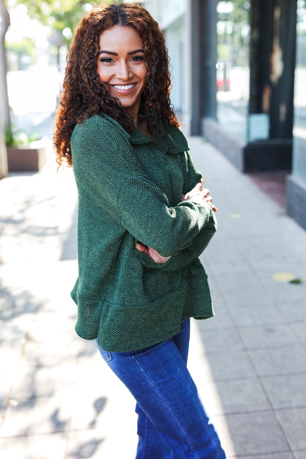 Maxct &Easy Living Olive Textured Knit Notch Neck Oversized Collar Sweater