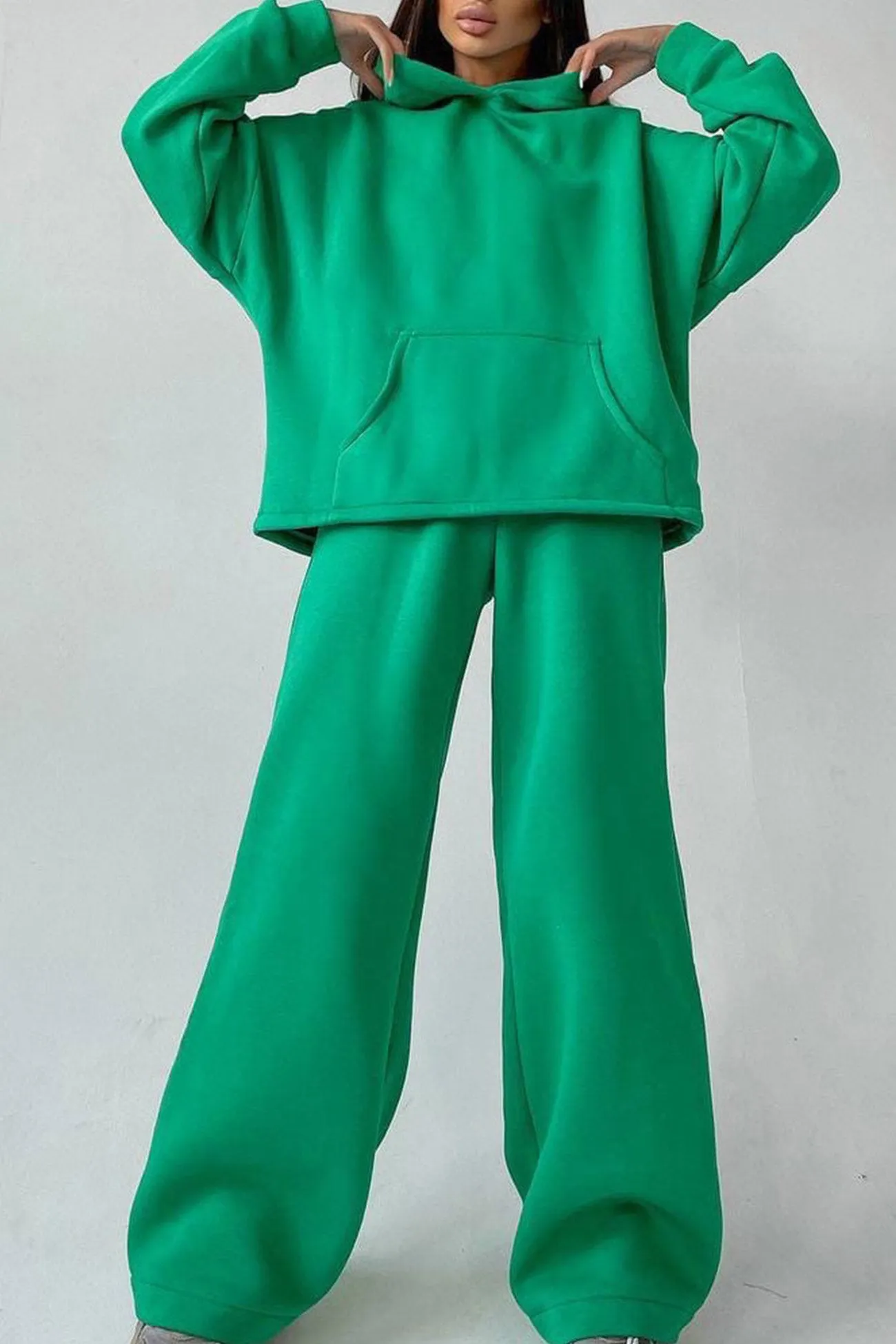 Maxct Solid Hoodie Wide Leg Long Pants Suits