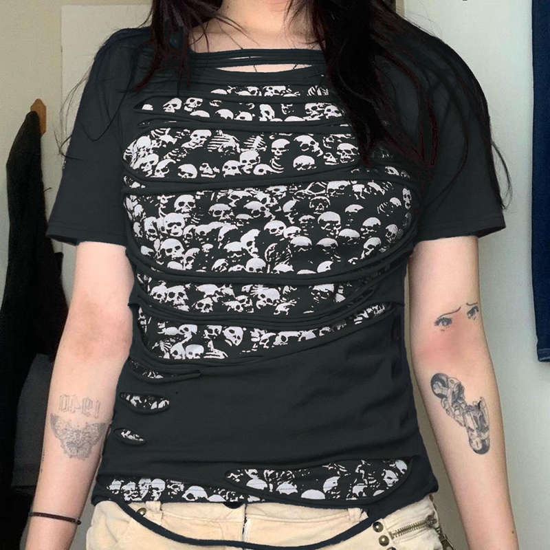 Punk Style Hip Hop Crop Top Harajuku Skeleton Graphic T-shirt Gothic Grunge Hollow Out Tees Women Vintage Clothes