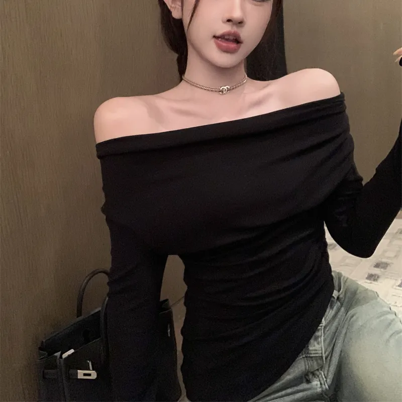 Black Solid Slash Neck Elegant Long Sleeve Tops Fashion Slim Sexy Cropped T Shirt Skinny Women Y2k Clothing Autumn Casual Shirts