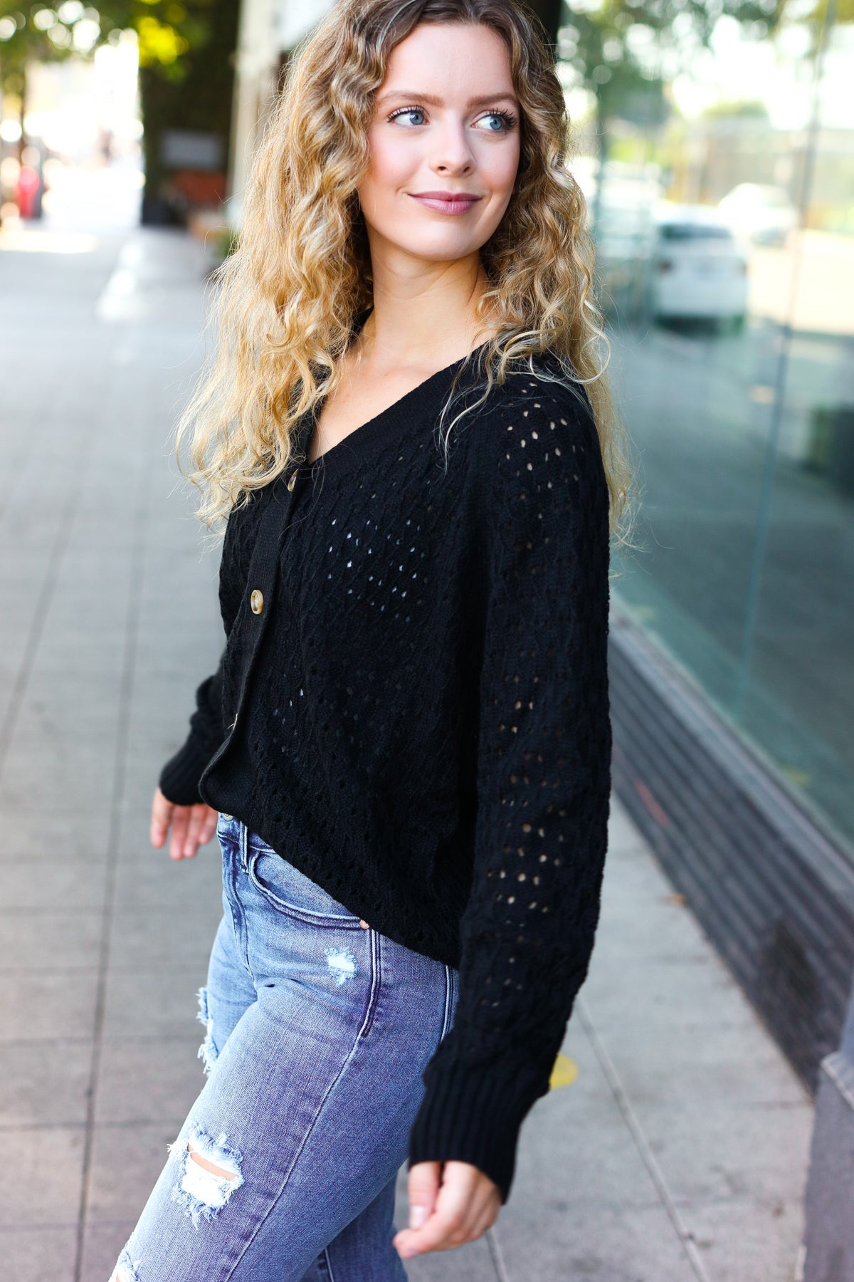 Maxct &Follow Me Black Pointelle Knit Button Down Cardigan