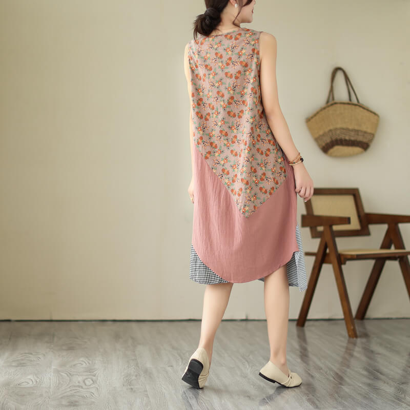 Maxct Women Patchwork Cotton Linen Midi Dress
