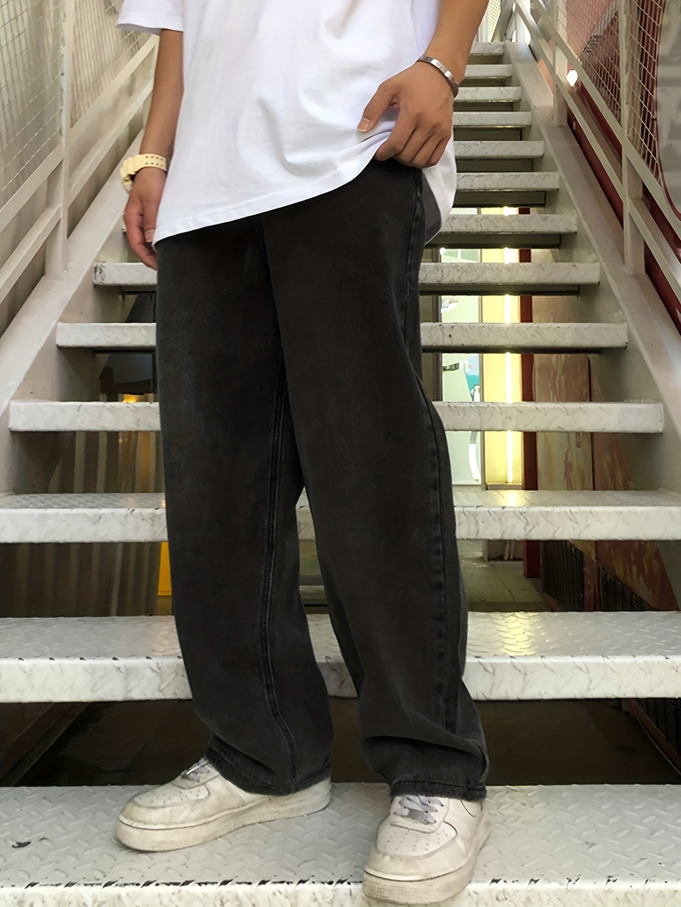 Maxct  Loose Fit Wide Leg Jeans, Men's Casual Street Style Solid Color Denim Pants For Spring Fall