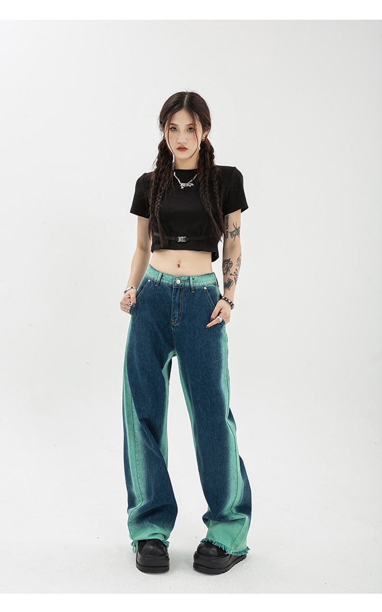 High Waisted Pants Baggy Women's Jeans: Gradient Color Wide Leg