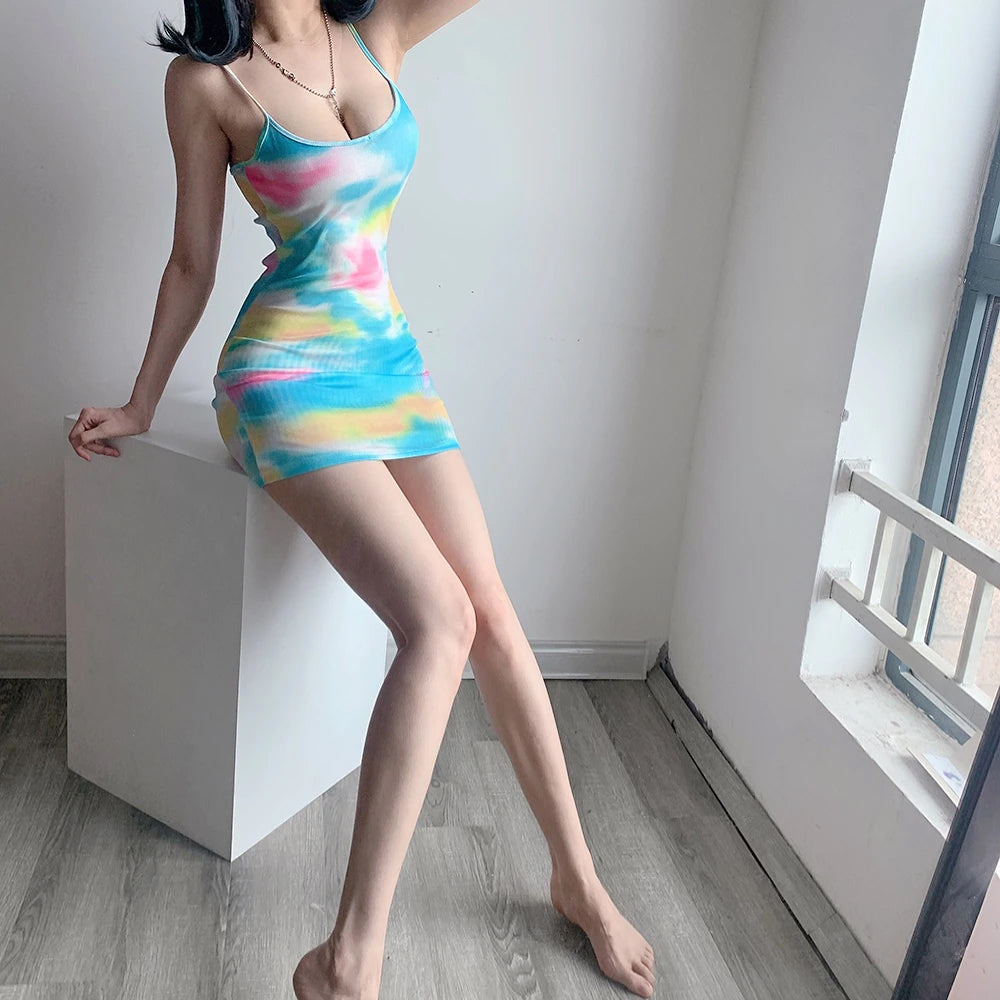 Sexy Tie Dye Pattern Elastic Mini Dress Maxct