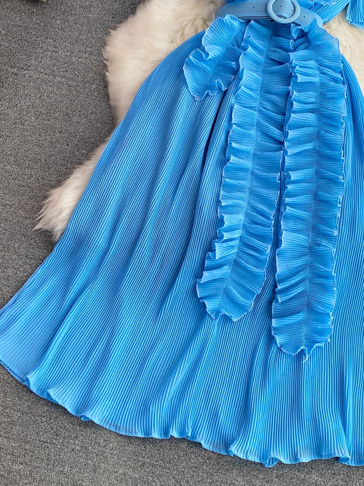 Women's Pleated Midi Dress Purple/Red/White Stand Collar Short Flare Sleeve High Waist A-Line Ruffle Party Vestidos Female