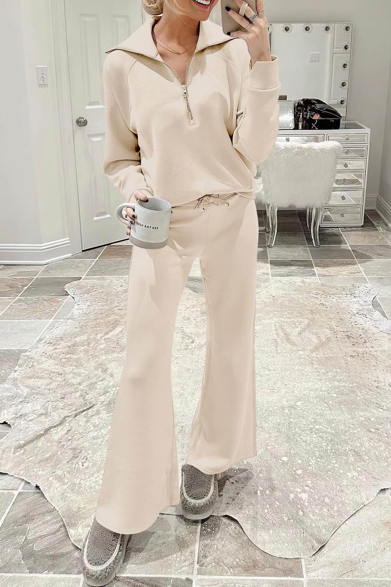 Maxct Lapel Zip-up Sweatshirt Wide Leg Long Pants Set