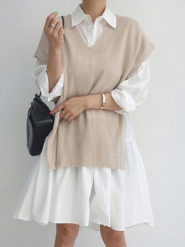 Maxct Split Knit Vest + Lapel Long Sleeve Shirt Dress