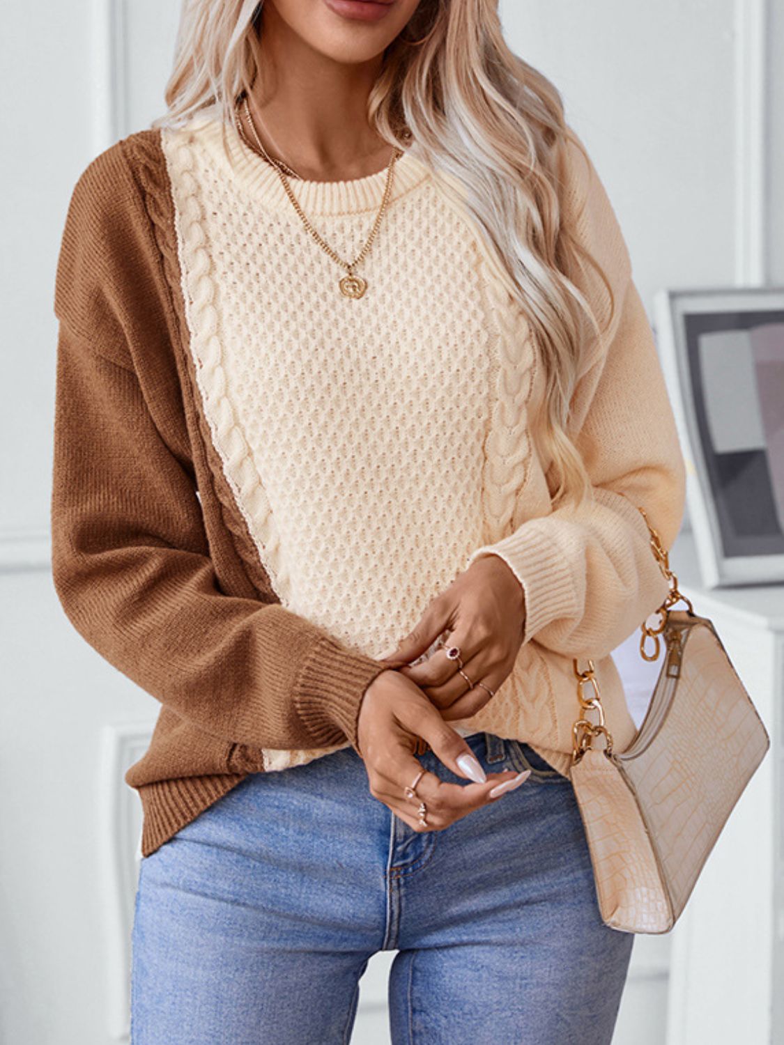 Maxct &Two Tone Cable Knit Round Neck Long Sleeve Sweater