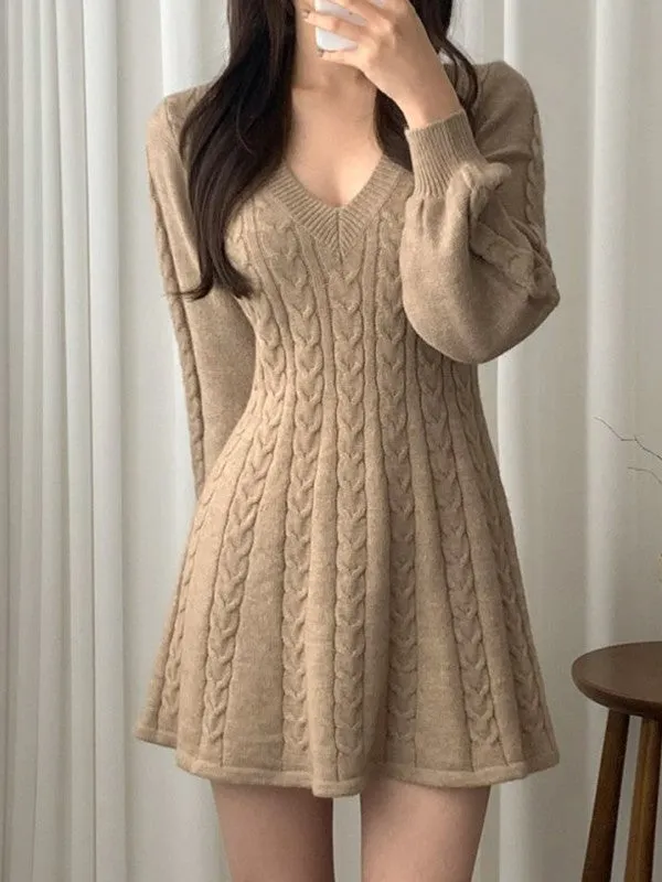 V Neck Cable Knit Long Sleeve Mini Dress Maxct