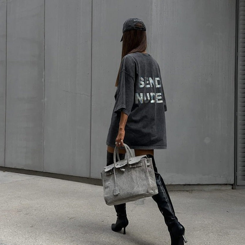 Maxct-Trendy Oversize Streetwear Distressed Letter Printed Cotton Shirt