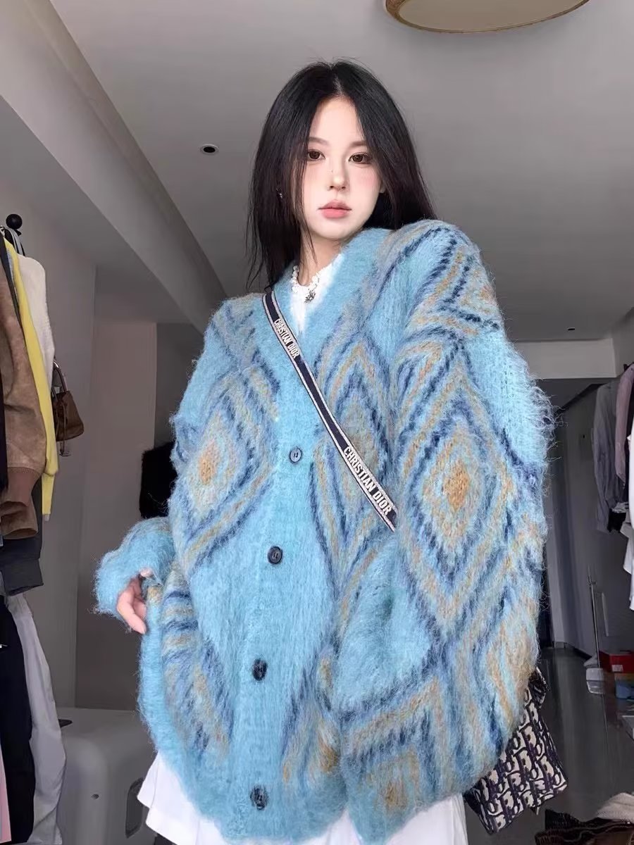 Maxct Argyle Print Fuzzy Oversized Button Cardigan