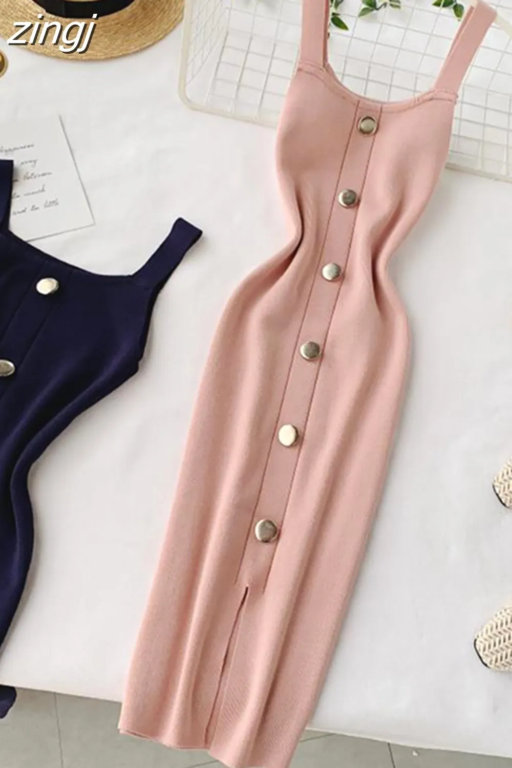 Maxct Summer Pink/Red/White/Black Women Knitted Dress Vintage High Waist Button Single-breasted Slim Casual Dress For Female New