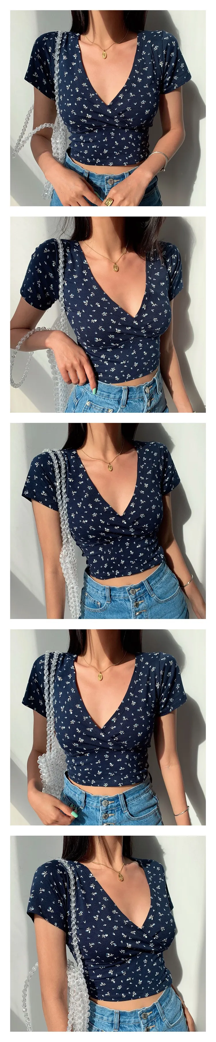 Y2K Vintage Floral Cross Crop Top T-shirt Women Cropped Slim Short Sleeve V-neck Sexy Summer Clothes Tee Shirt Femme Woman Tops
