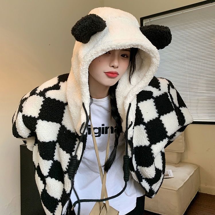 Checkered Cozy Bear Ears Zip-Up Hoodie for Women - true deals club