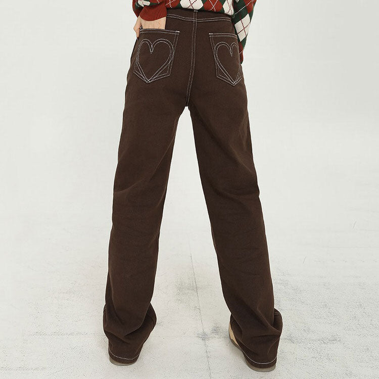 Heart Embroidery Brown Wide Jeans Maxct