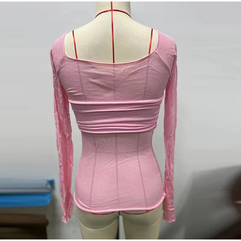 Sexy Transparent Off Shoulder Shirts Women Slim Fit Solid Perspective Thin T-Shirt Female Autumn Chic Elegant Daily Tops