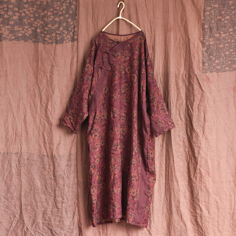 Vintage Distressed Floral Printed Mid-Length Linen Dress