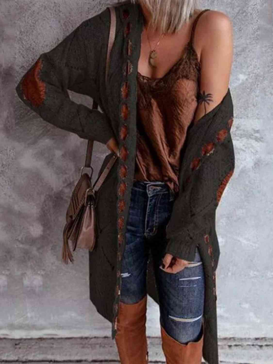 Maxct &Openwork Long Sleeve Open Front Hooded Cardigan