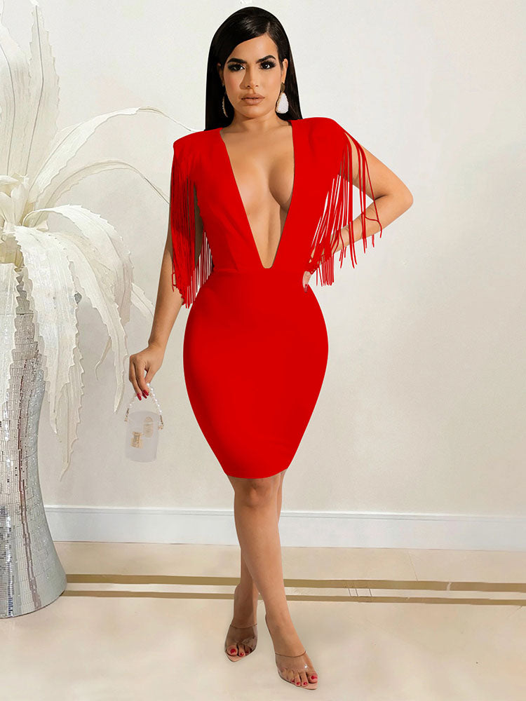 Deep V Neck Tassels Bodycon Mini Dress Maxct