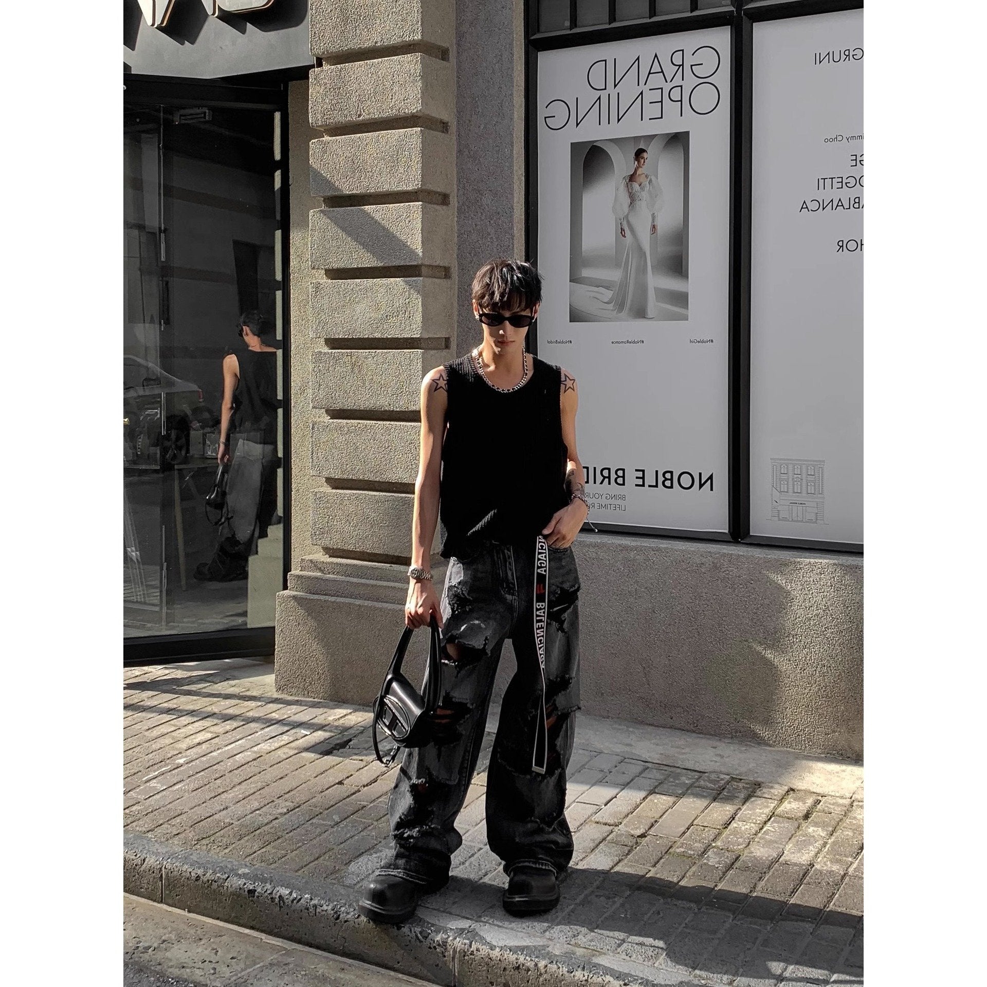 Maxct 90s Streetwear Solid Color Simple Vertical Stripe Niche Retro Round Neck Vest Men's Summer New Casual All-match Sleeveless T-shirt