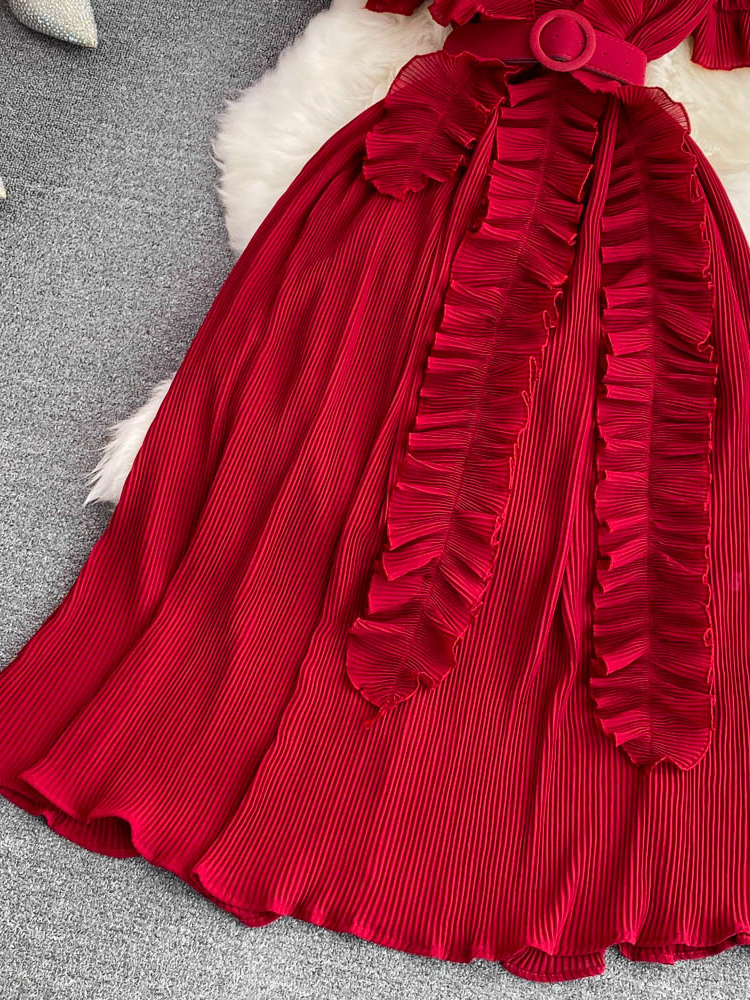 Women's Pleated Midi Dress Purple/Red/White Stand Collar Short Flare Sleeve High Waist A-Line Ruffle Party Vestidos Female
