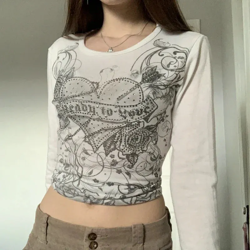 Maxct Graphics Print Y2K Retro T Shirt Indie Aesthetics Mall Goth Sweats Tees Autumn Spring Long Sleeve Crop Tops 90s Vintage Grunge