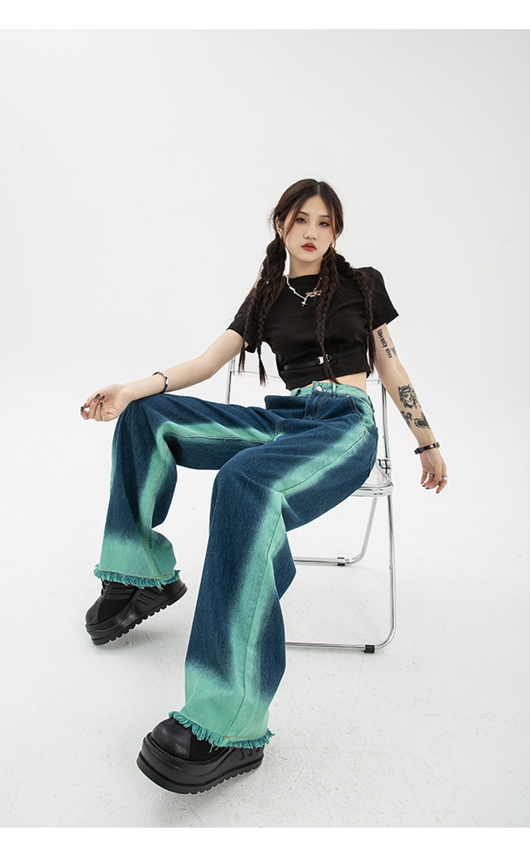 High Waist Straight Baggy Women's Jeans: Chic Design Streetwear Gradient Color Y2K Denim Wide Leg Trouser - true deals club