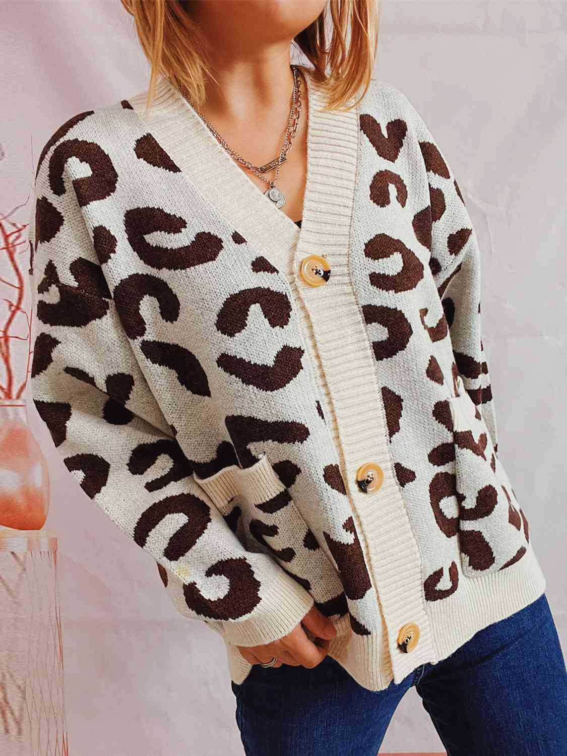Maxct &Leopard Button Front Cardigan with Pockets