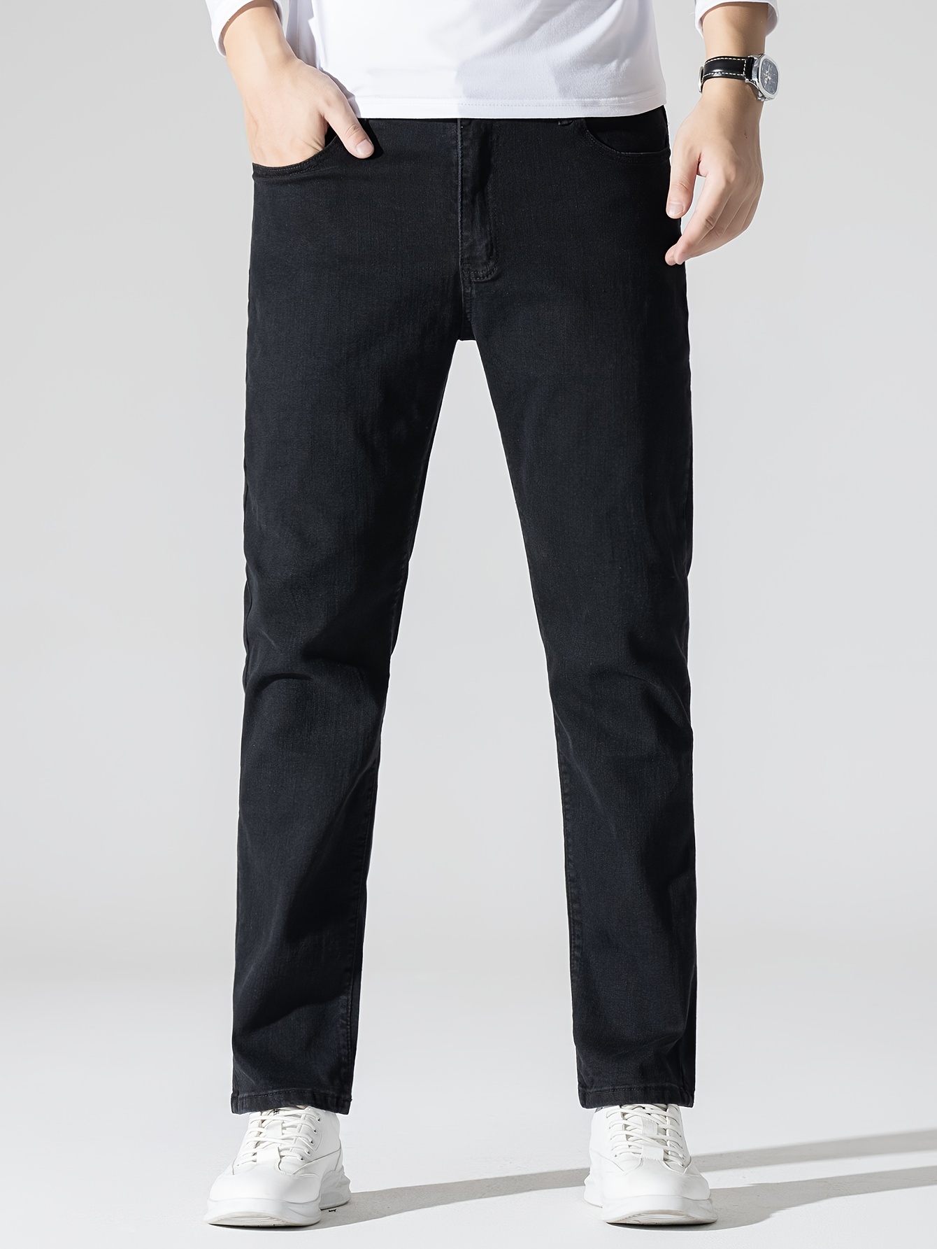 Men's High Stretch Jeans For Business, Slim Fit Denim Pants With Pockets For Spring Fall