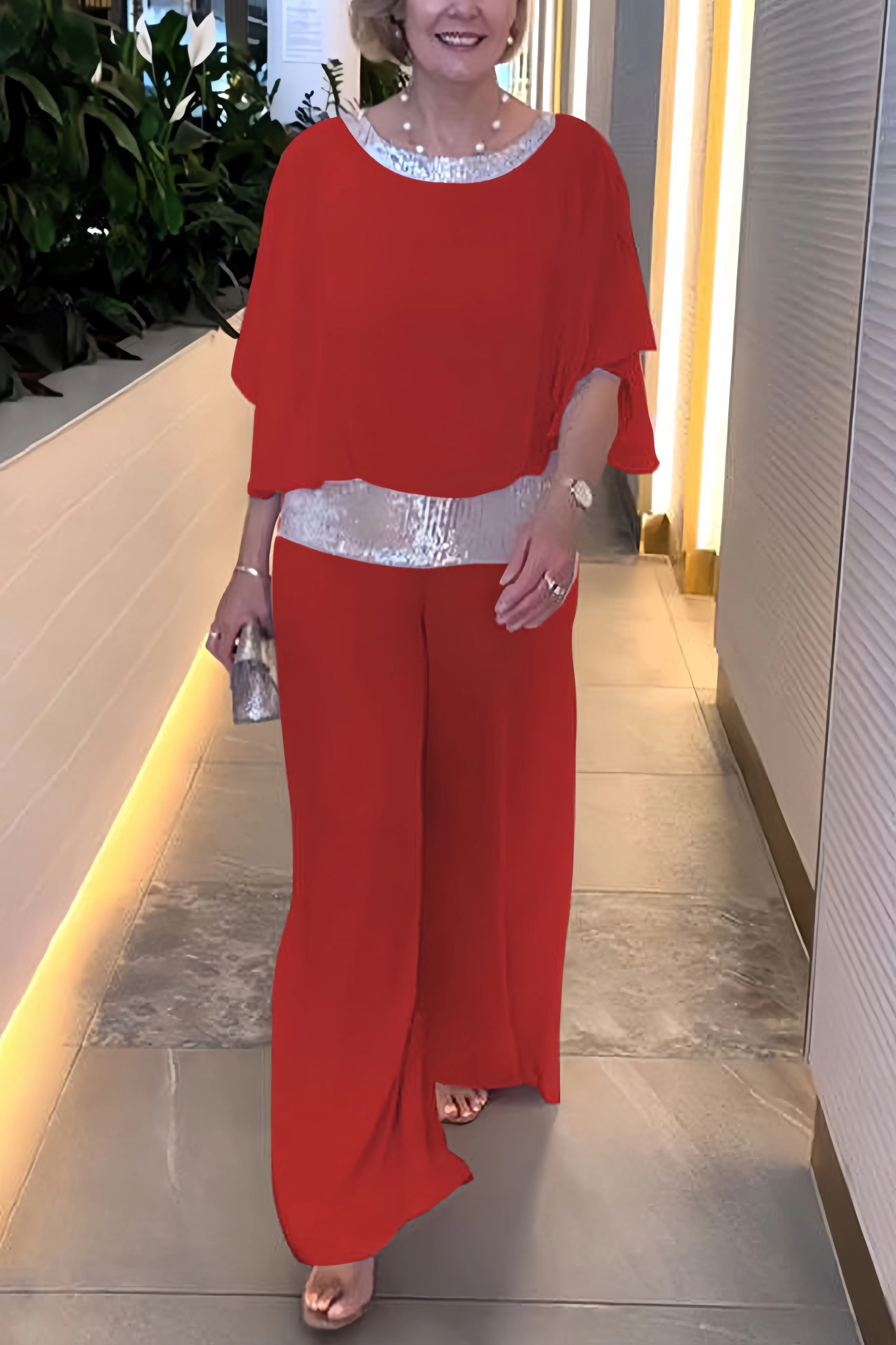 Maxct Sequins Patchwork Bat Sleeve Tops Pants Suits
