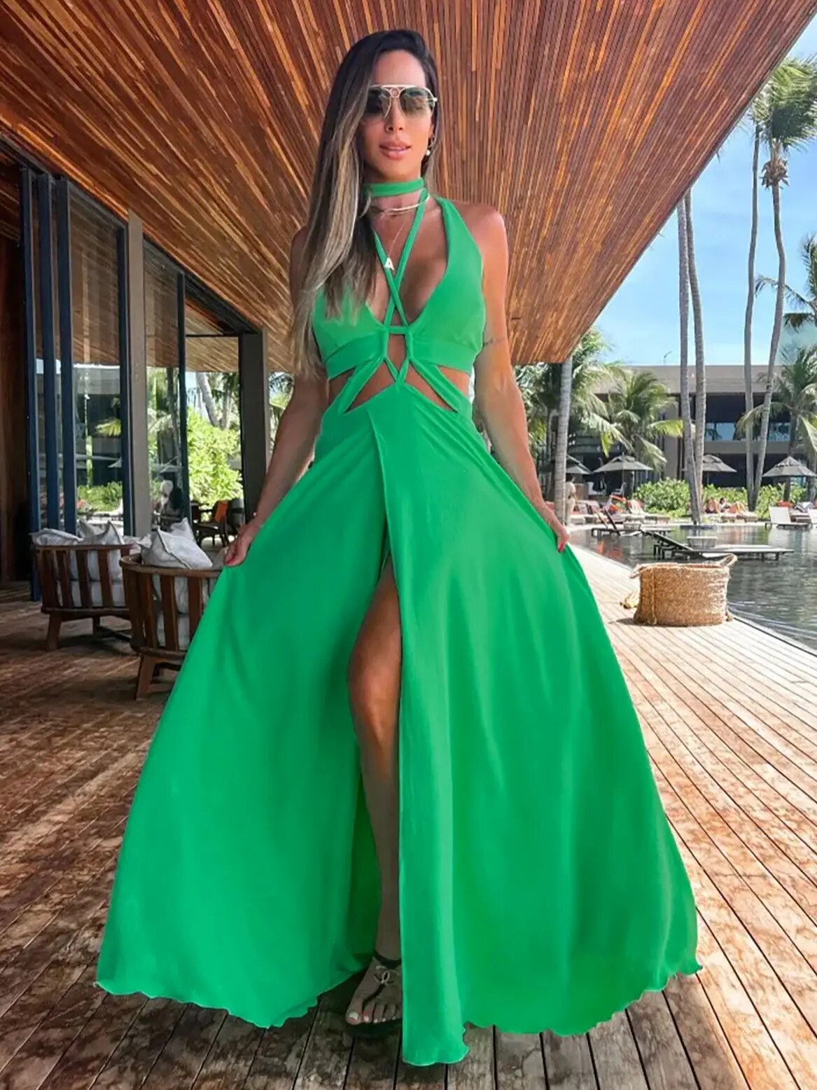 Maxct Women Halter Neck Tie Backless Beachwear Green Cover Up Party Ladies Dresses Casual Summer Clothing Fashion Long Dress