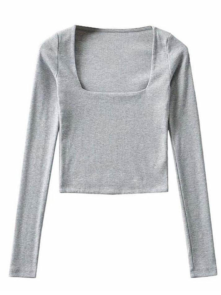 Maxct-Long-Sleeve Square Neck Plain Cropped T-Shirt