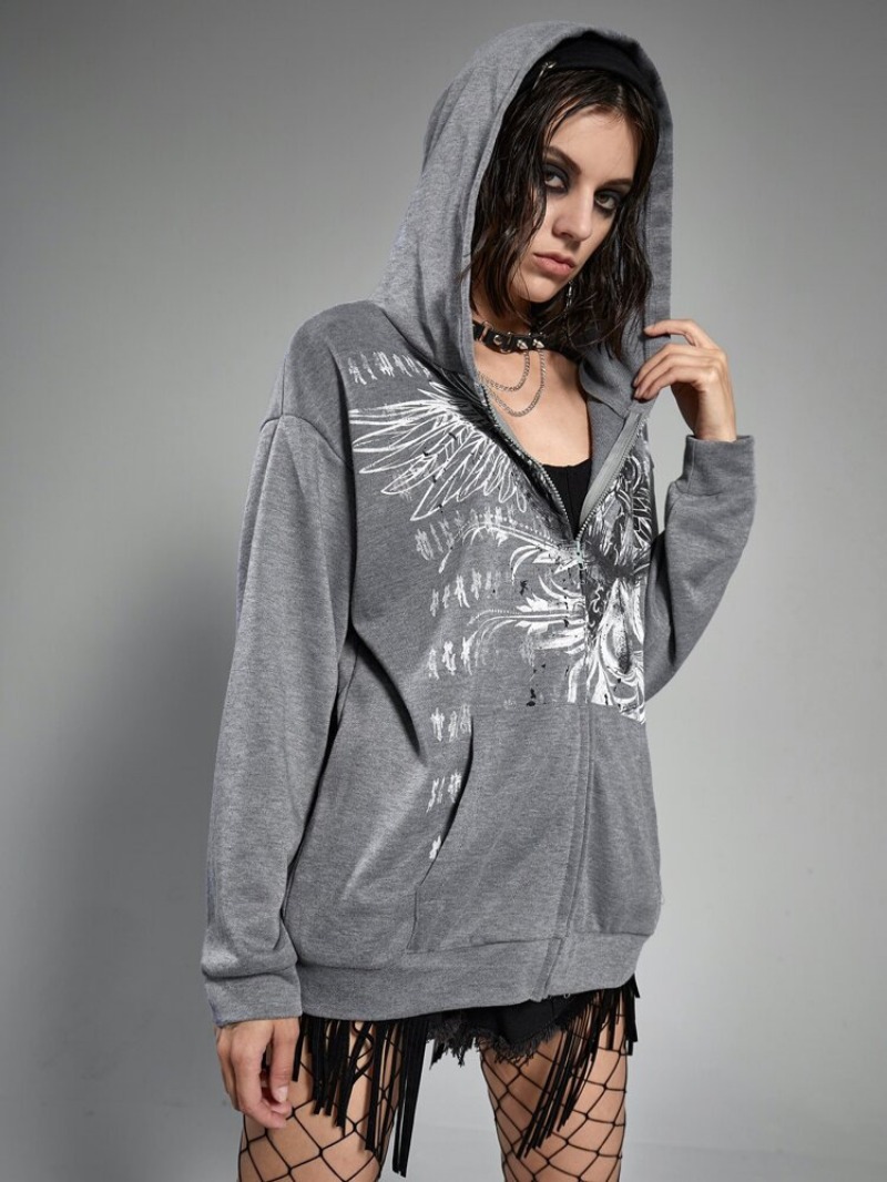 Maxct Zipper cardigan hooded European and American style Y2K retro loose version personalized street eagle print women's sweatshirt
