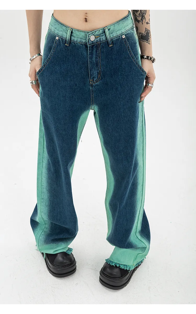 High Waist Straight Baggy Women's Jeans: Chic Design Streetwear Gradient Color Y2K Denim Wide Leg Trouser - true deals club