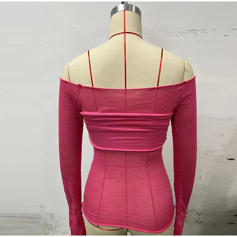 Sexy Transparent Off Shoulder Shirts Women Slim Fit Solid Perspective Thin T-Shirt Female Autumn Chic Elegant Daily Tops