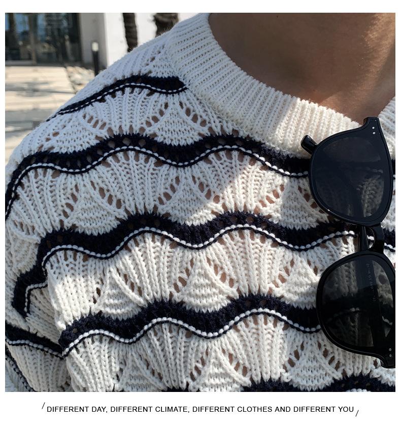 Maxct 90s Streetwear Men's T-shirt Short-sleeved Summer Trendy Brand High-grade Sense Heavy Industry Hollow Knitted Sweater Jacquard Wave Striped T-shirt Top
