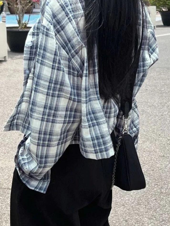 Maxct Vintage Plaid Short Loose Long Sleeve Blouse