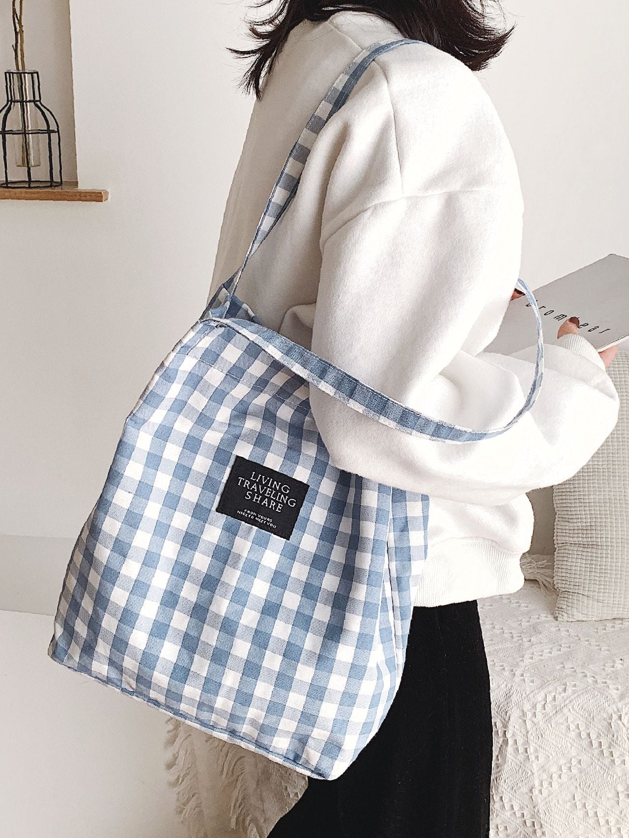 Maxct - Letter Patch Gingham Shopper Bag  - Women Tote Bags