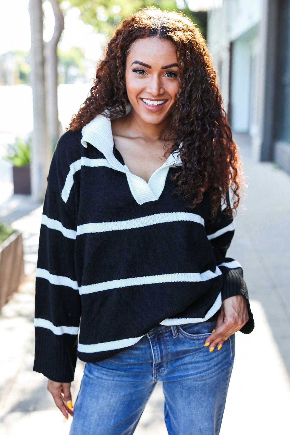 Maxct &Fall For You Black Stripe Notched Neck Collared Oversized Sweater