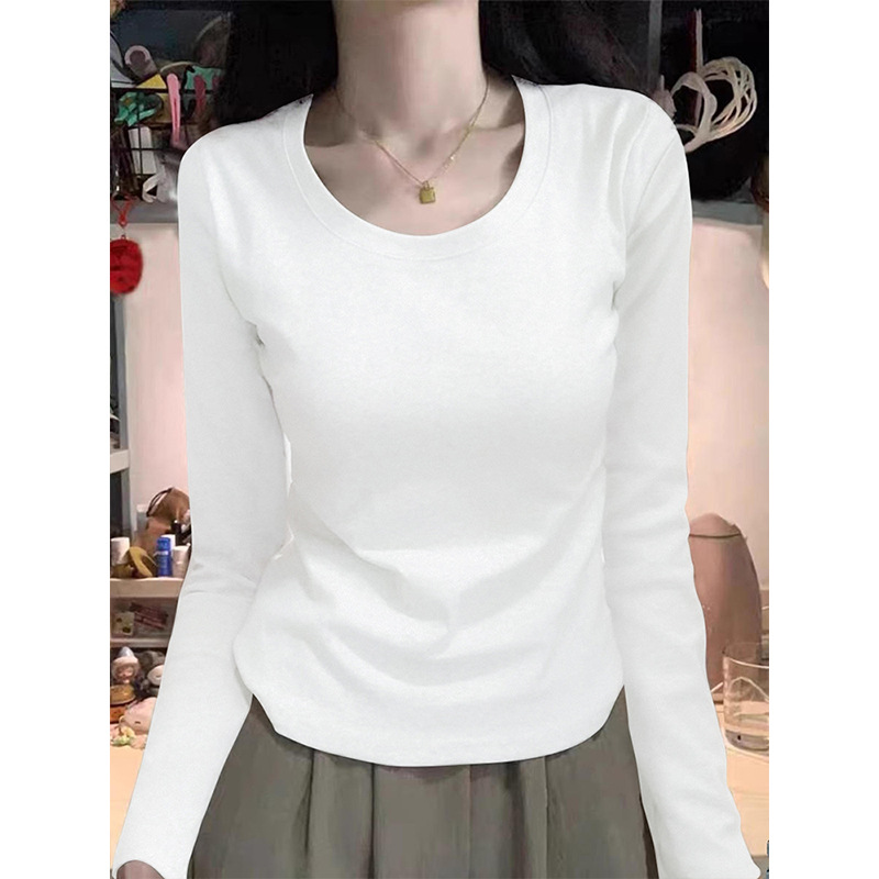 Shoulder T-Shirt Women's Spring and Autumn Outer Wearing Tight Waist Slim-Fit Pure Cotton Winter Inner Base Shirt New Long Sleeve Top