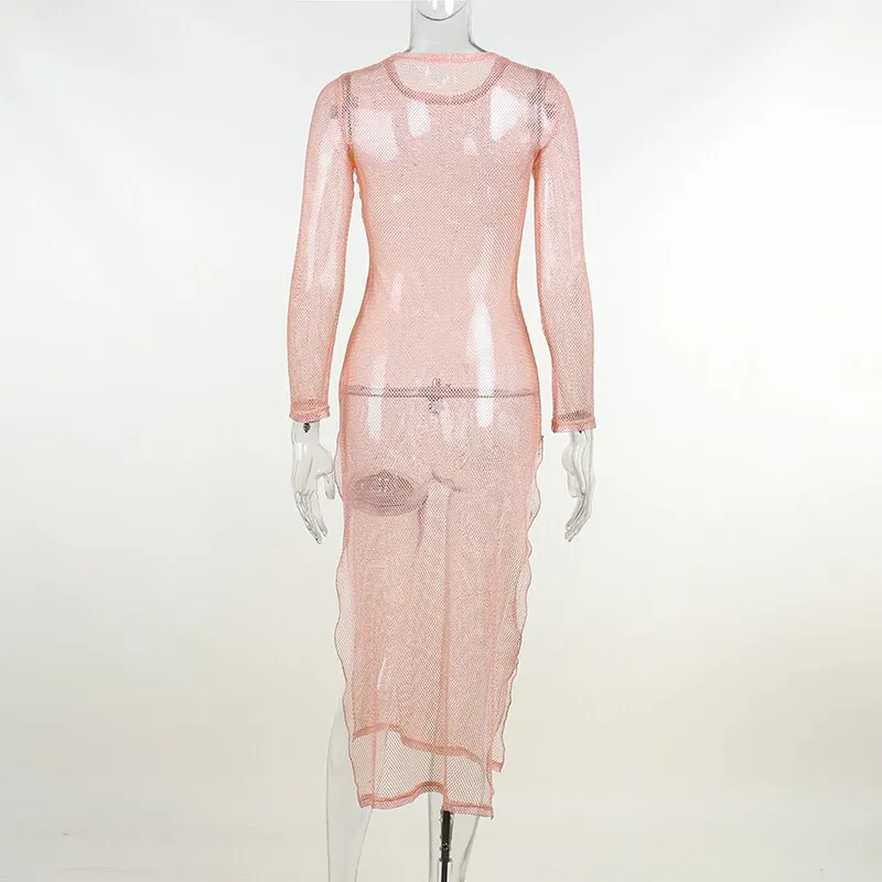Sexy See Through Sheer Mesh Dress Elegant Solid Color Diamonds Slit Long Sleeves Dresses Party Club Lady Long Vestidos