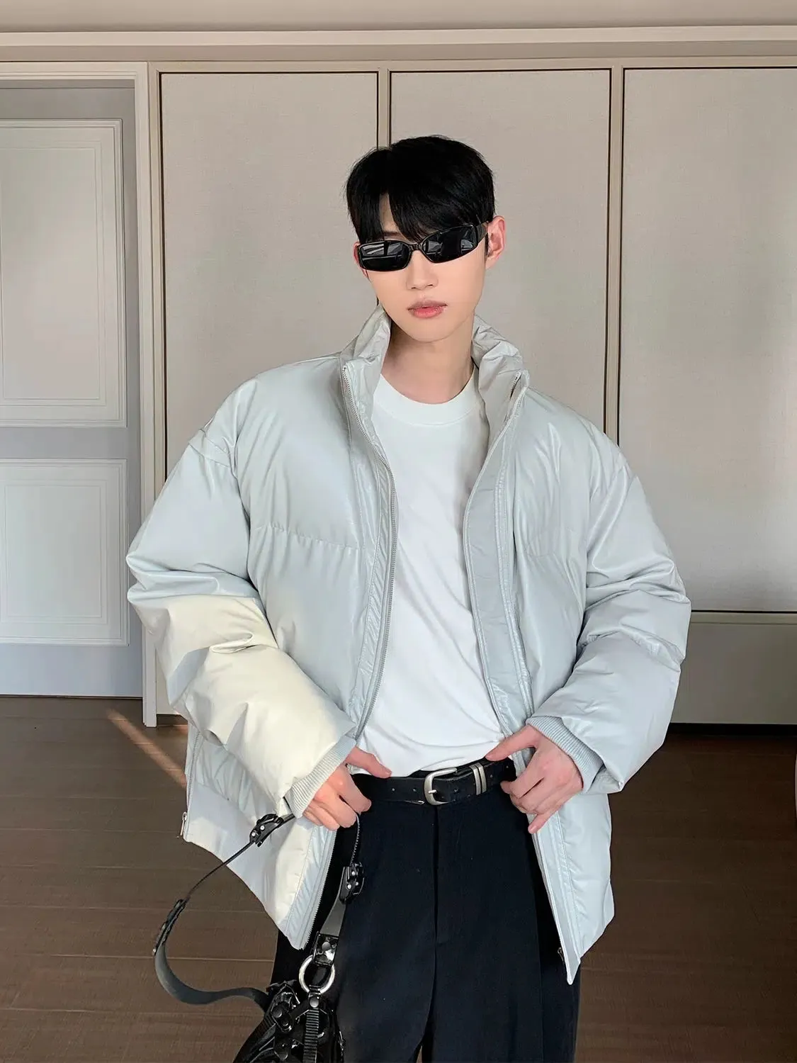 Maxct Cotton-filled Stand-up PU Leather Jacket